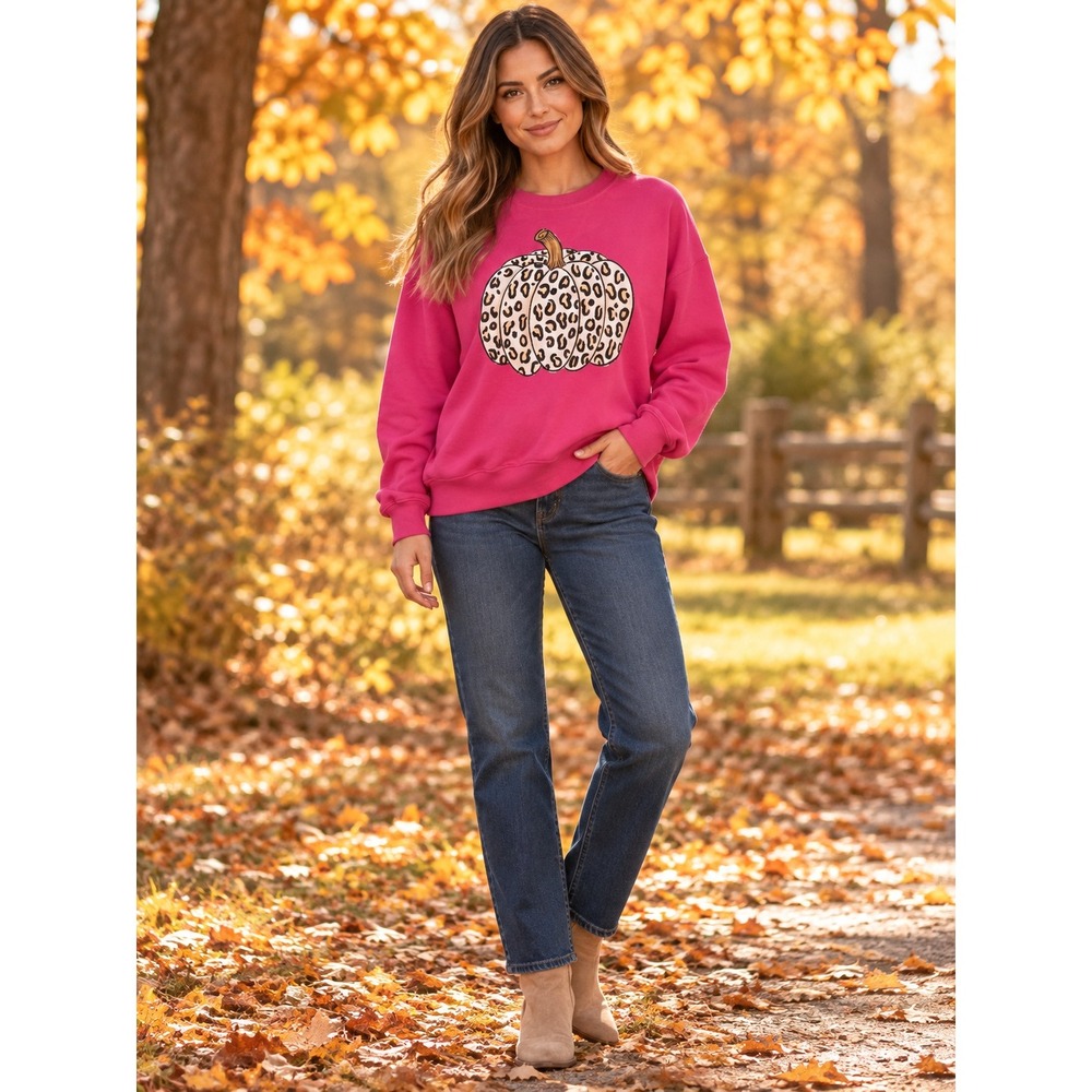 Port & Company Pink Leopard Pumpkin Graphic Fleece Sweatshirt Large Fall Cozy